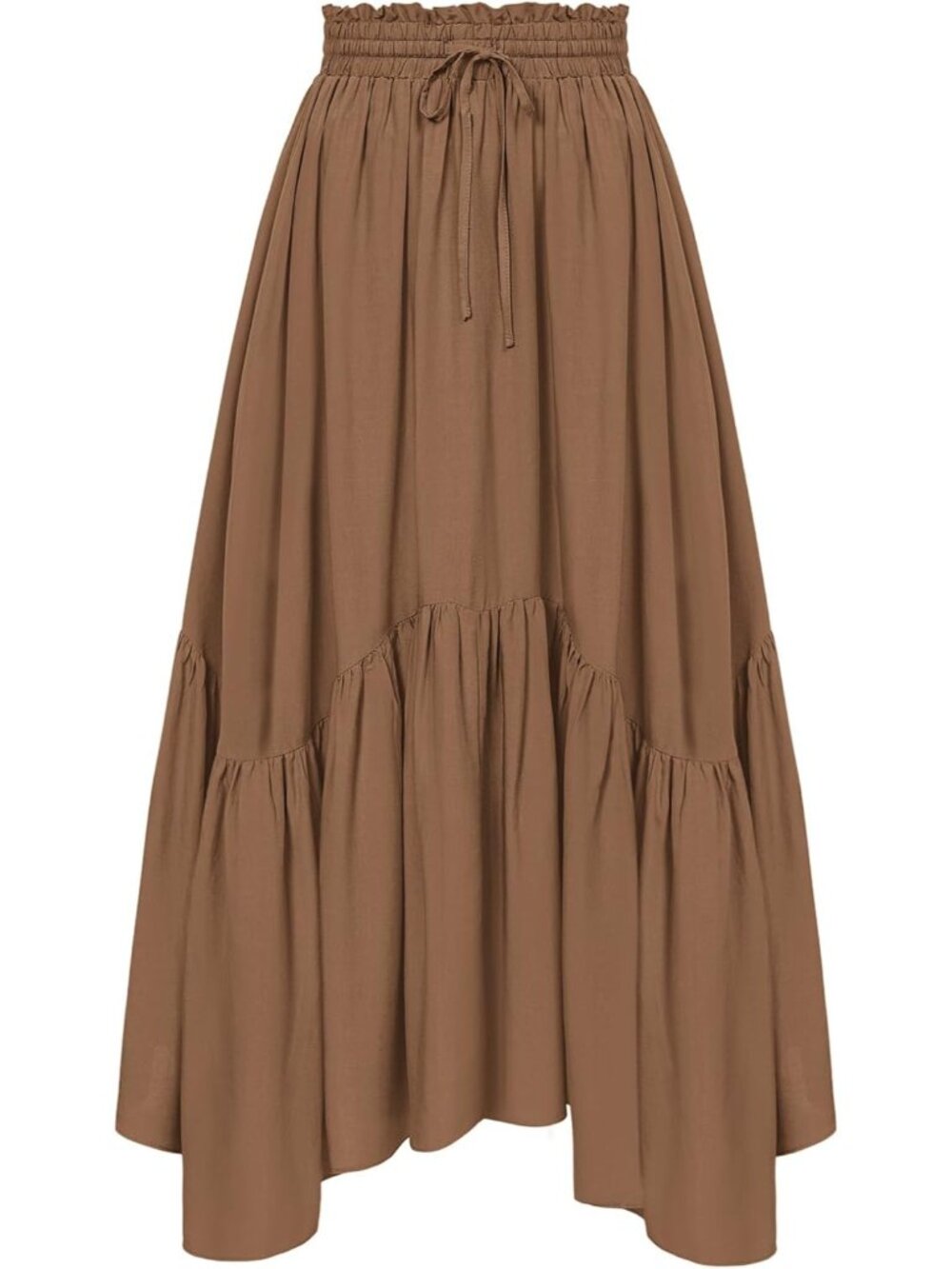 Women's Coffee Drawstring Renaissance Boho Flowy Asymmetric Tiered Maxi Skirt
